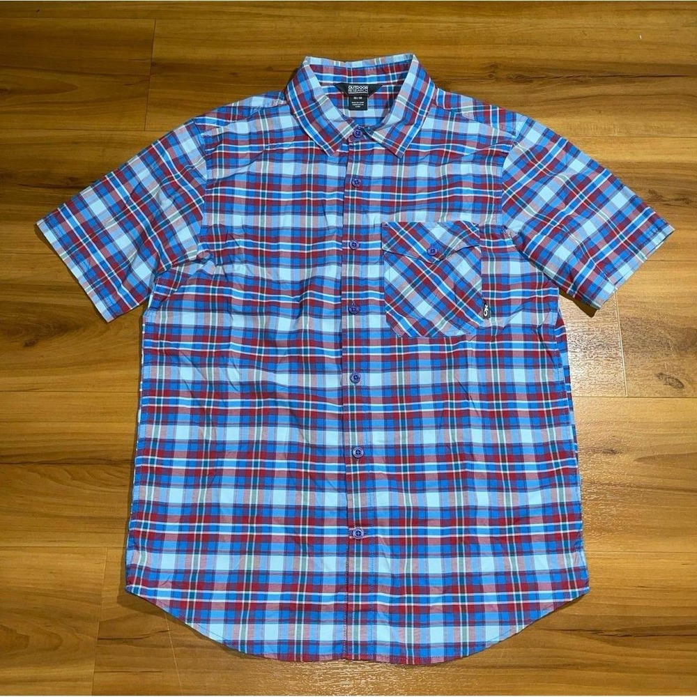 Mens Outsdoor Research Plaid Pocket Short Sleeve Button Front Shirt